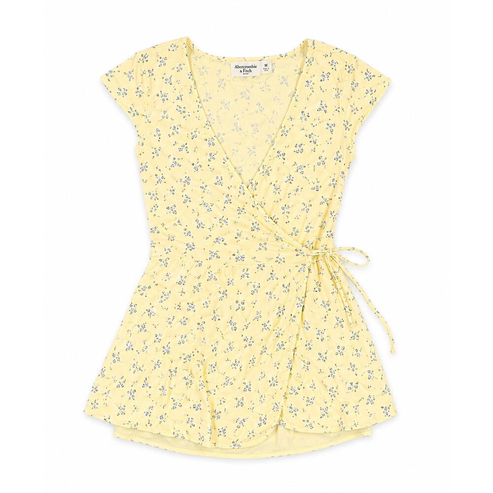 Hollister Pastel Yellow Floral Short Sleeve Wrap Mini Dress - Picture 2 of 2